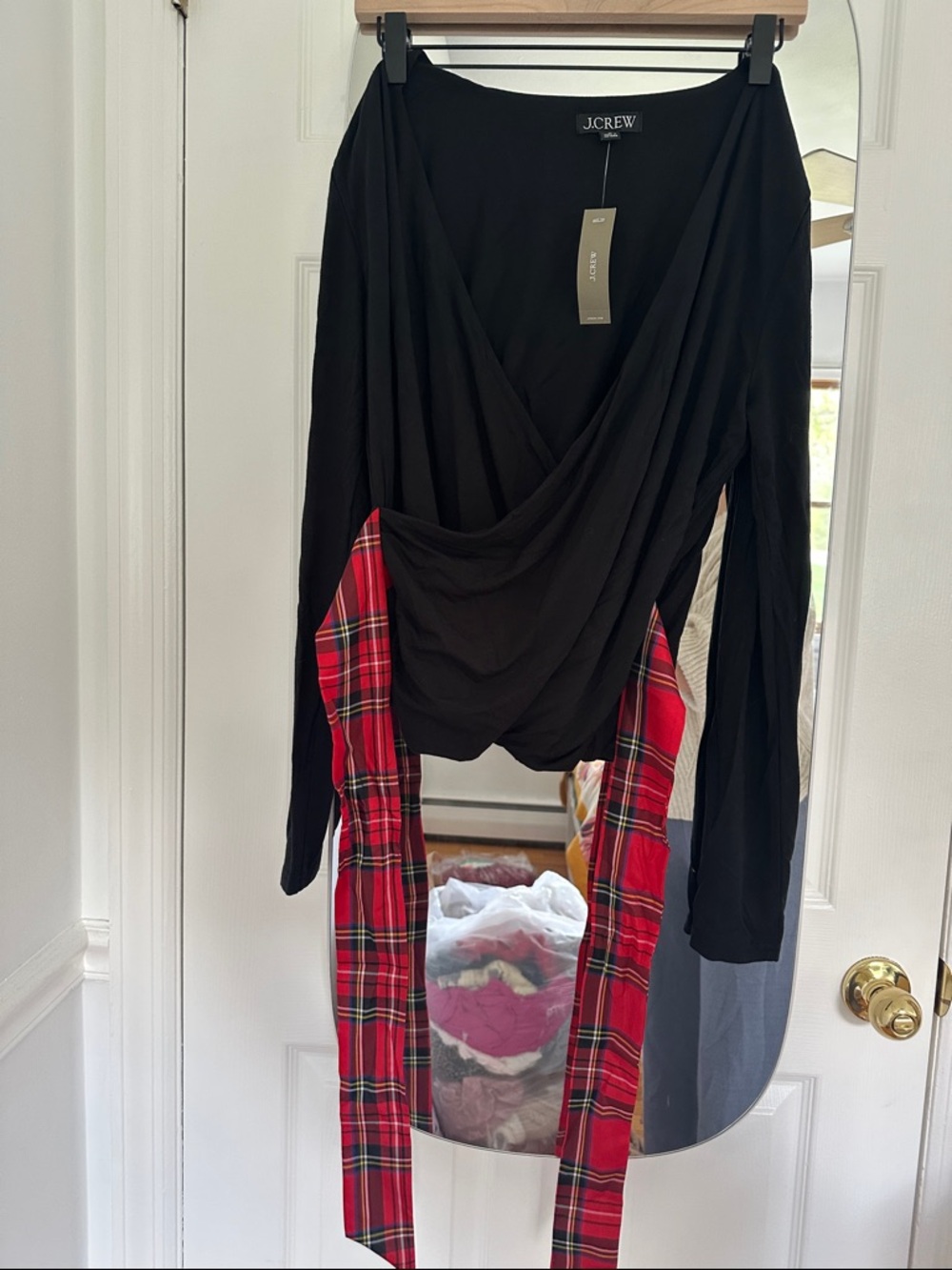 J. Crew Black Draped Top with Red Plaid Ties